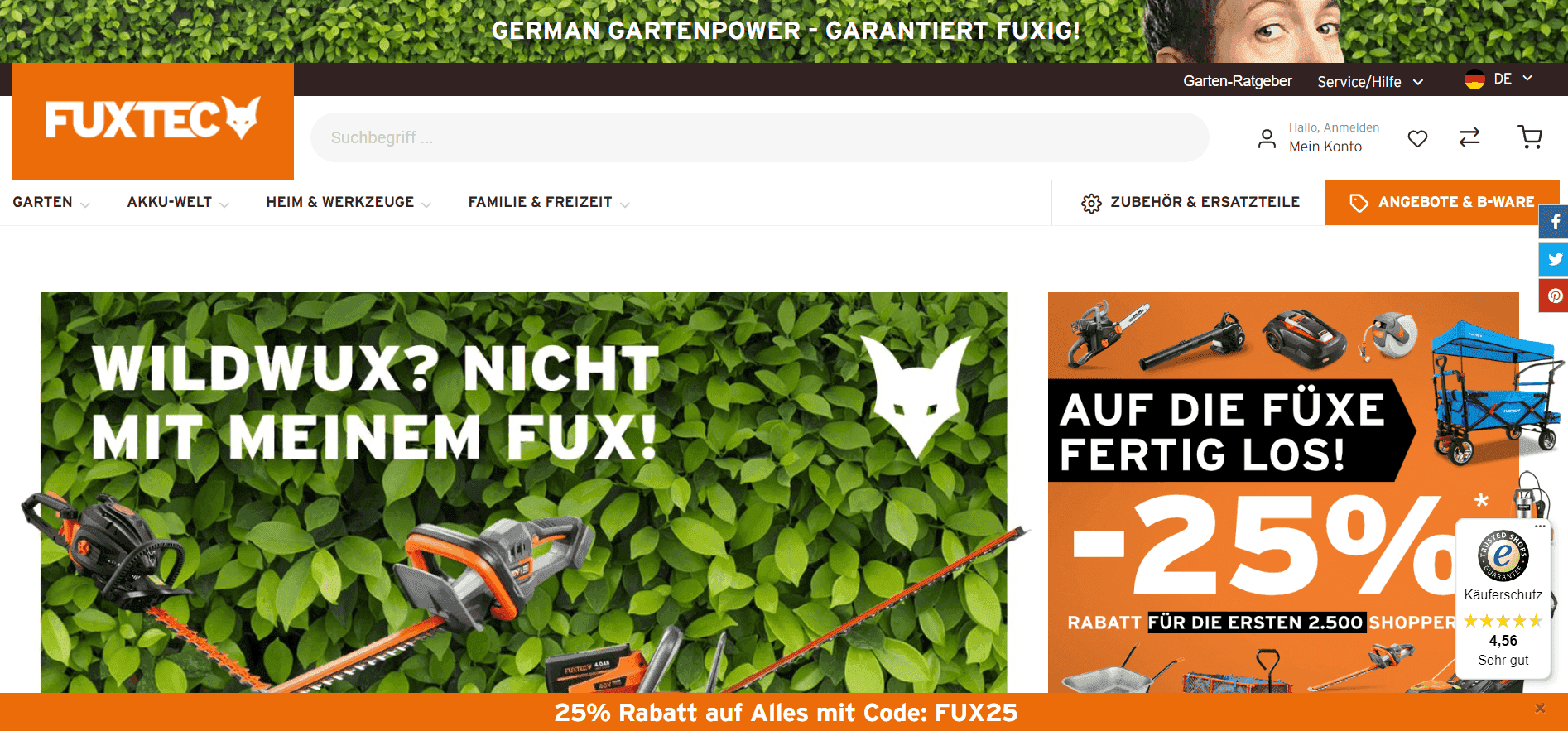 Homepage des Onlineshops "Fuxtec" zeigt verschiedene Angebote von Gartenartikeln